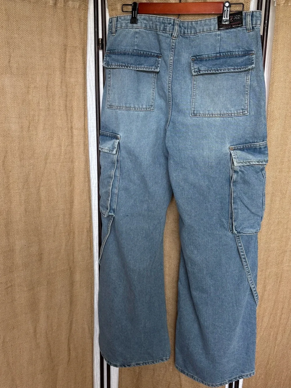 Light Wash Denim Wide Leg Cargo Pockets and Buckled Straps Skater Jeans